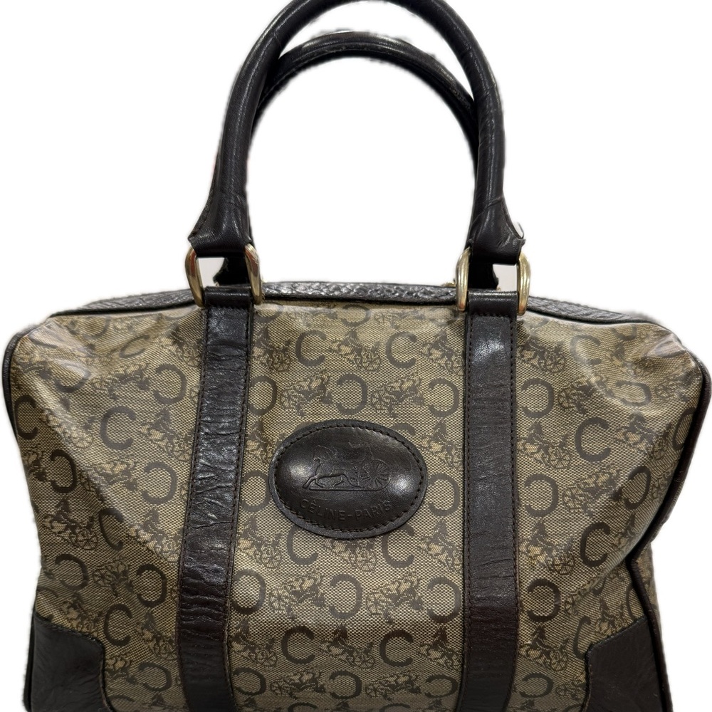 Celine Vintage Brown and Beige Monogram Boston Bag Satchel EUC